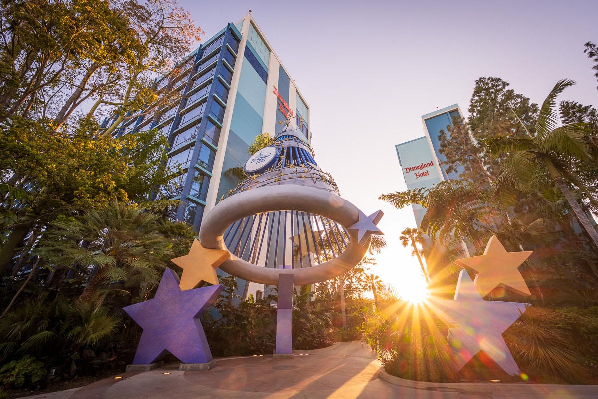 Disneyland Hotel Anaheim exterior at night with blue lighting