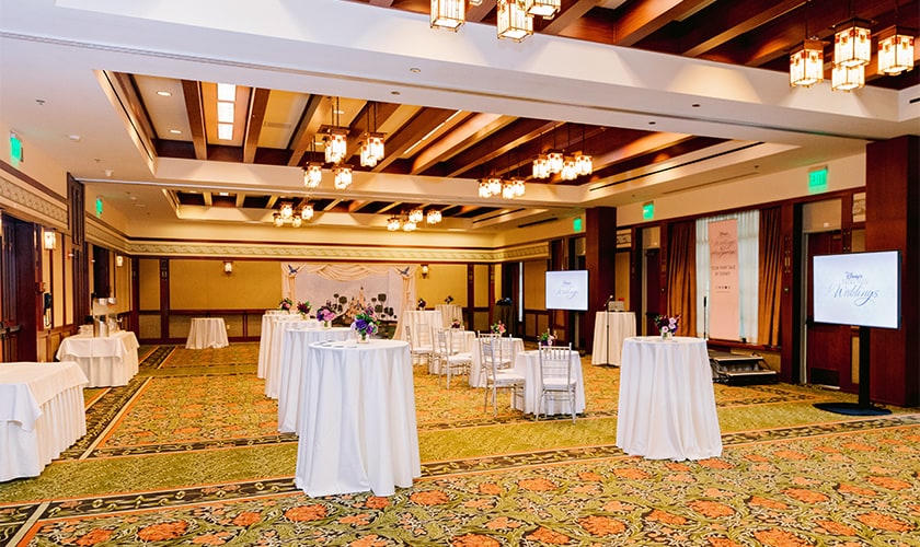 Grand Californian ballroom set for cocktail reception