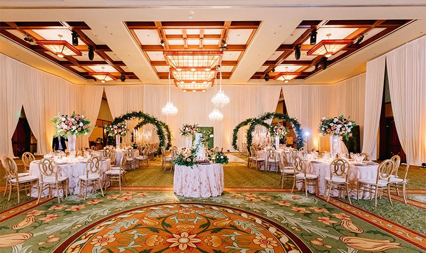 Sequoia Ballroom banquet setup with floral arches