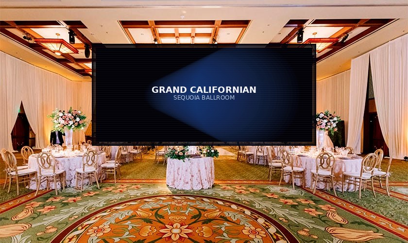Sequoia Ballroom with full-width LED wall under Craftsman beams