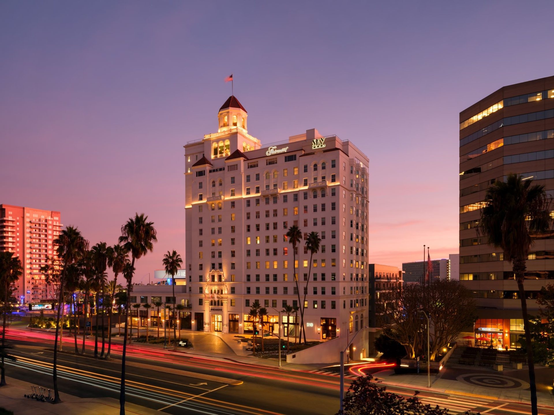 The Fairmont Breakers building in Long Beach at dusk