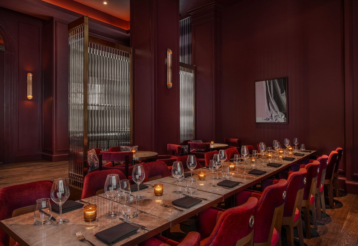 The Red Room at Fairmont Breakers Long Beach set for a long-table dinner
