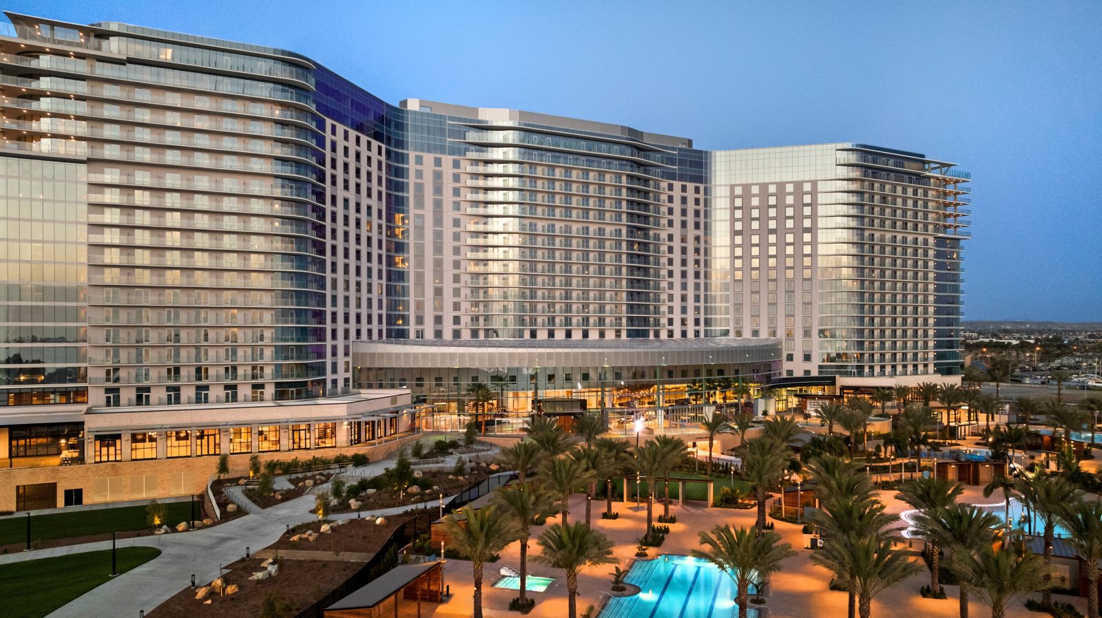 Gaylord Pacific Resort towers and pools at dusk