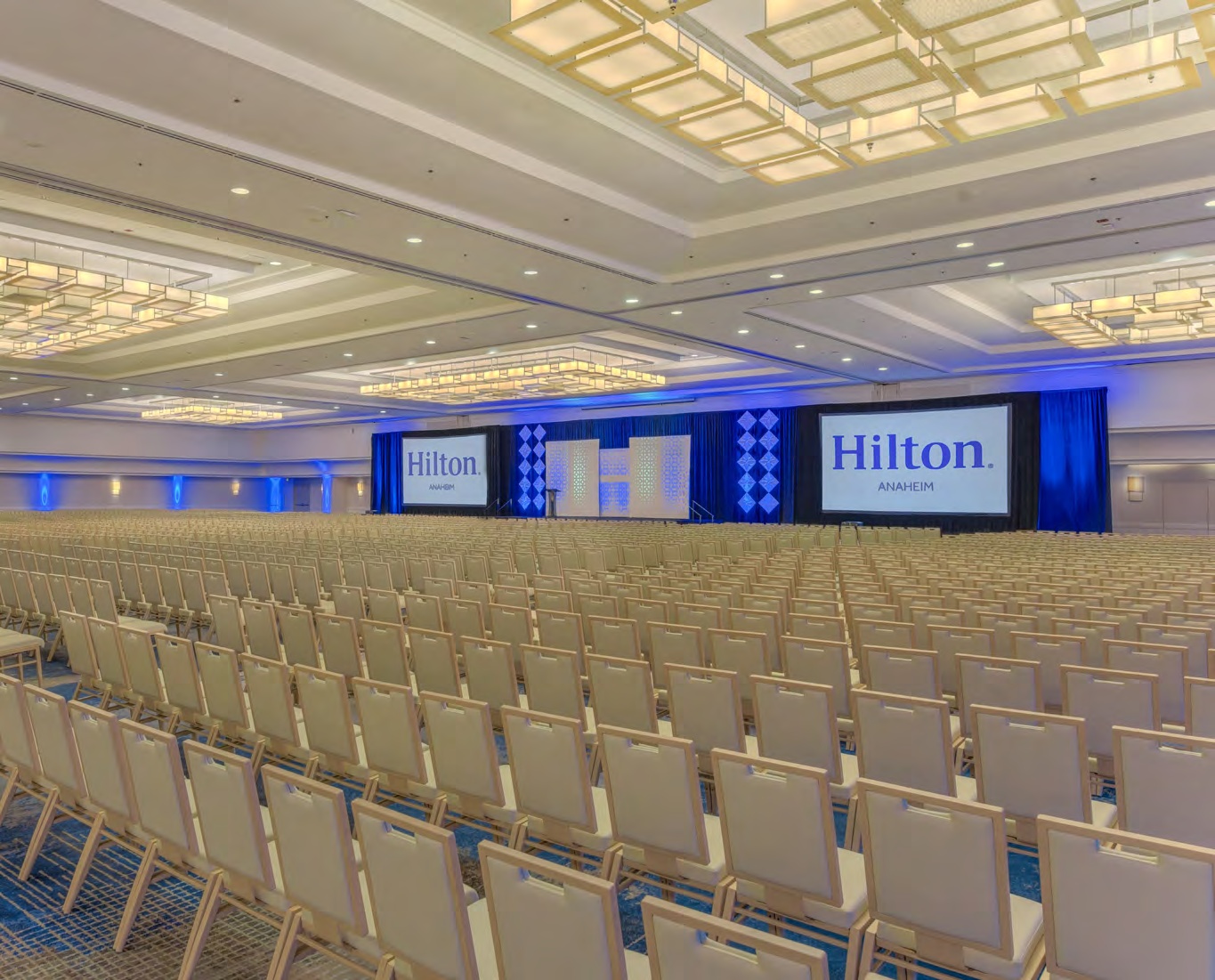 Hilton Anaheim banquet with LED wall and CURV 500 speakers — California Ballroom card; official IM is the same file as Pacific Ballroom and is not repeated