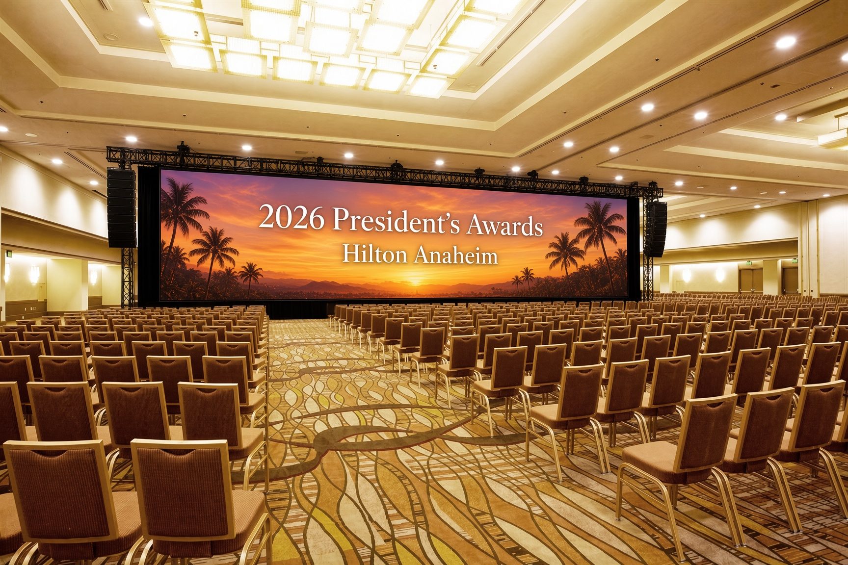 Pacific Ballroom theater set with LED wall at Hilton Anaheim — leftover interior, not a Garden decks plate