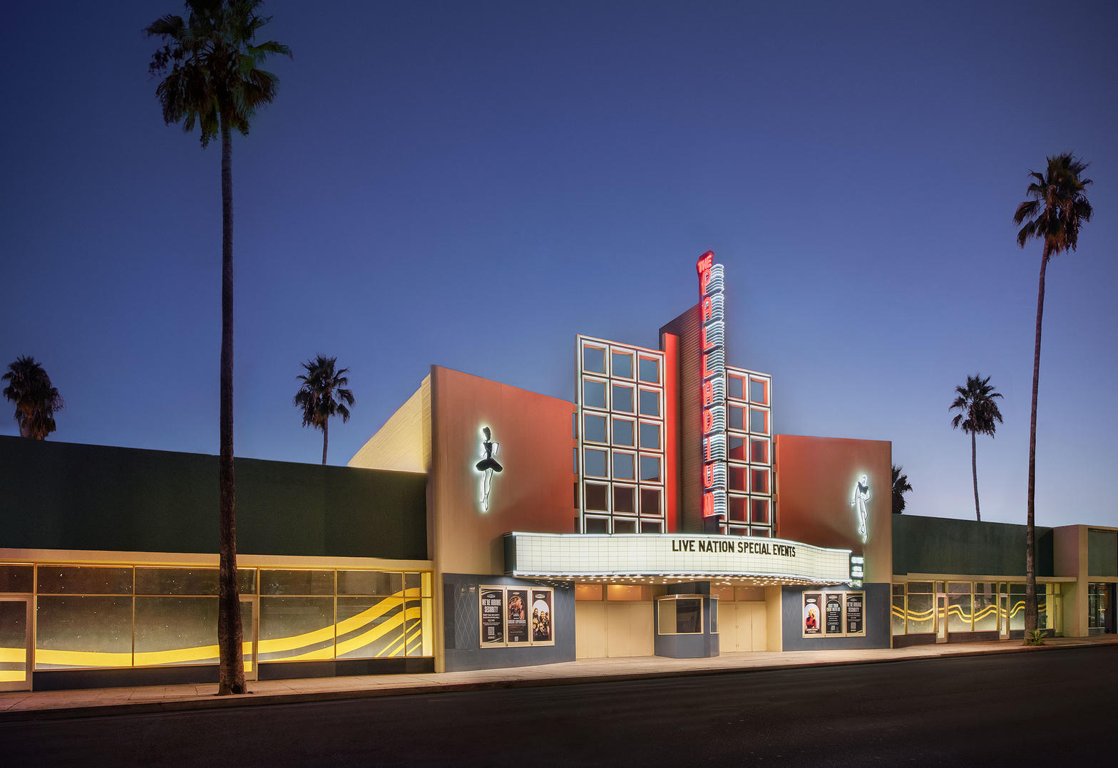 Hollywood Palladium Streamline Moderne exterior and marquee at dusk
