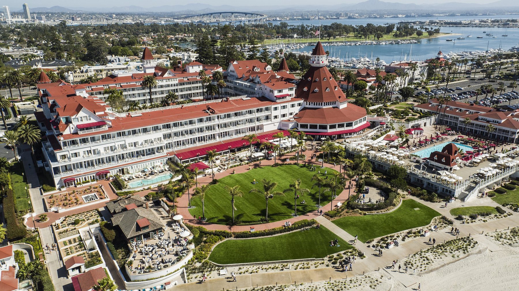 Hotel del Coronado red roofs and turret at sunset