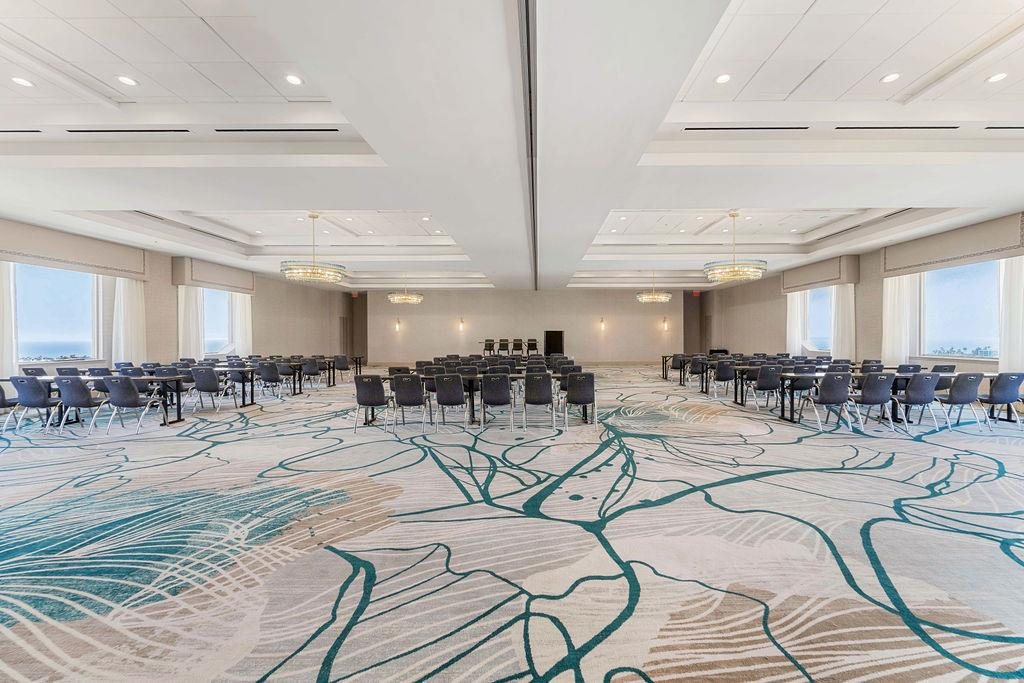The Delfina Ballroom at Hyatt Centric Delfina Santa Monica set classroom-style with windows on two sides
