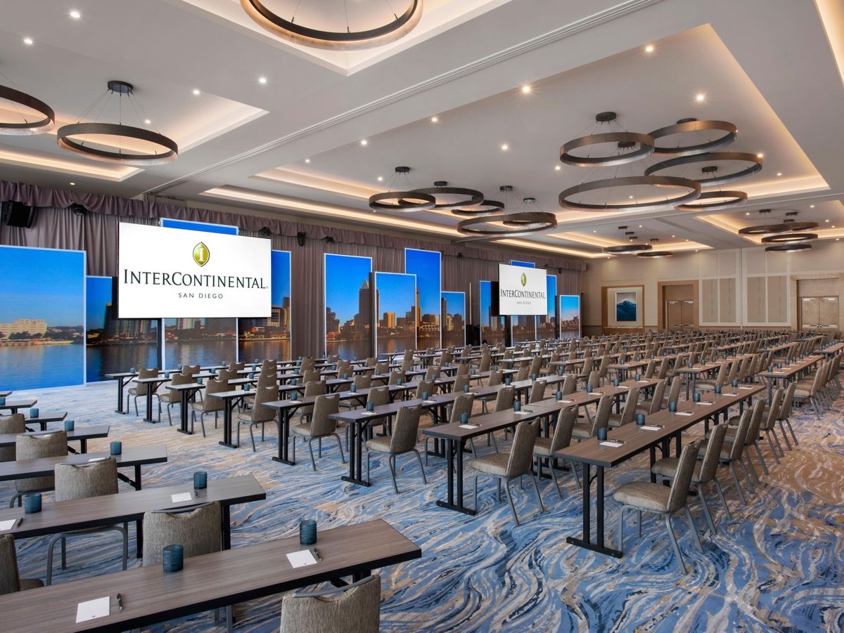 The Pacific Ballroom at InterContinental San Diego set classroom style facing three screens