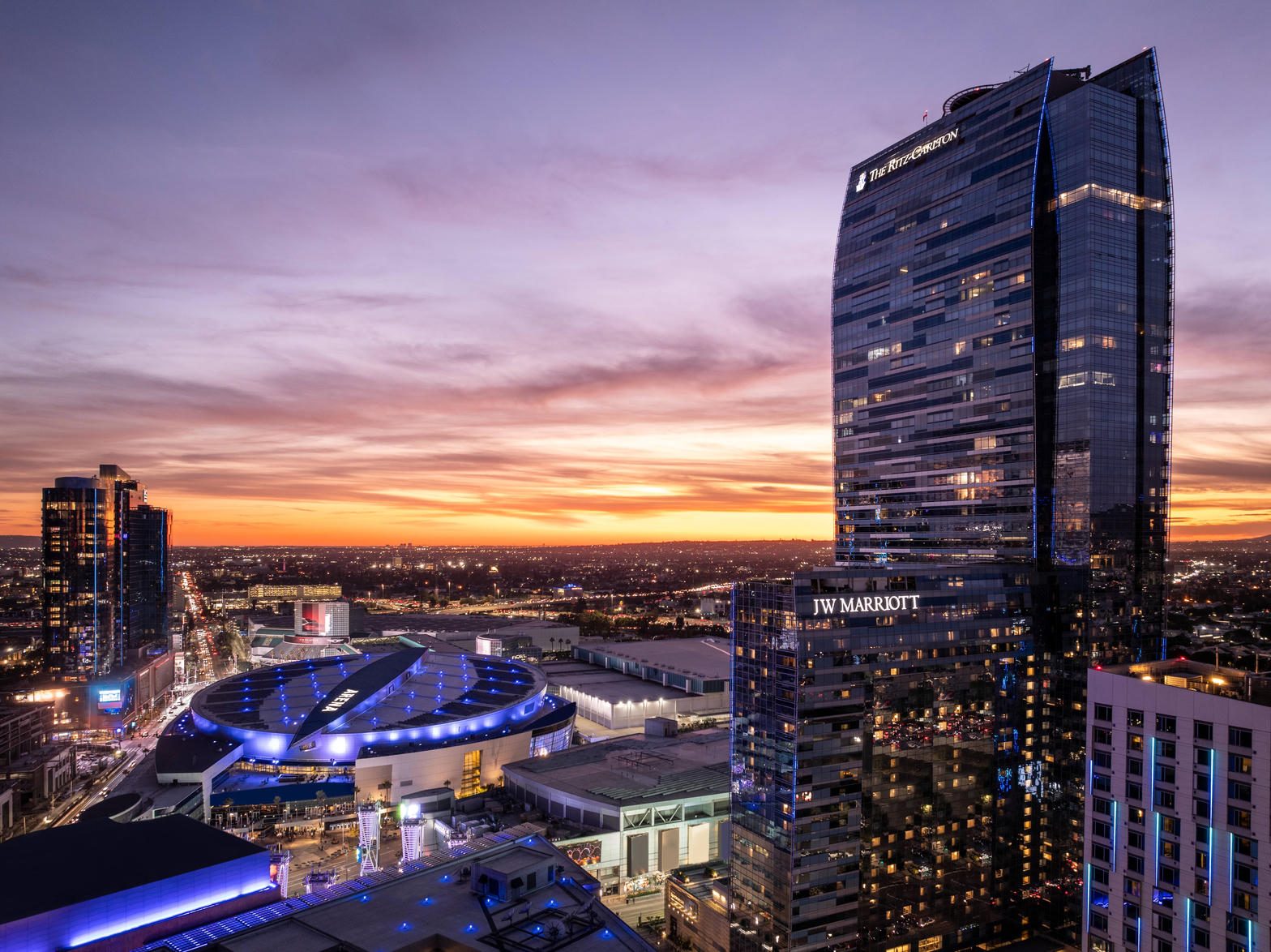 JW Marriott Los Angeles L.A. LIVE and Crypto.com Arena at dusk