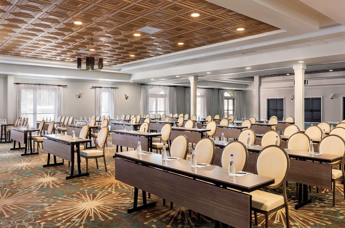 The Point Loma Ballroom at Kona Kai San Diego Resort set classroom-style under a wood-beamed ceiling