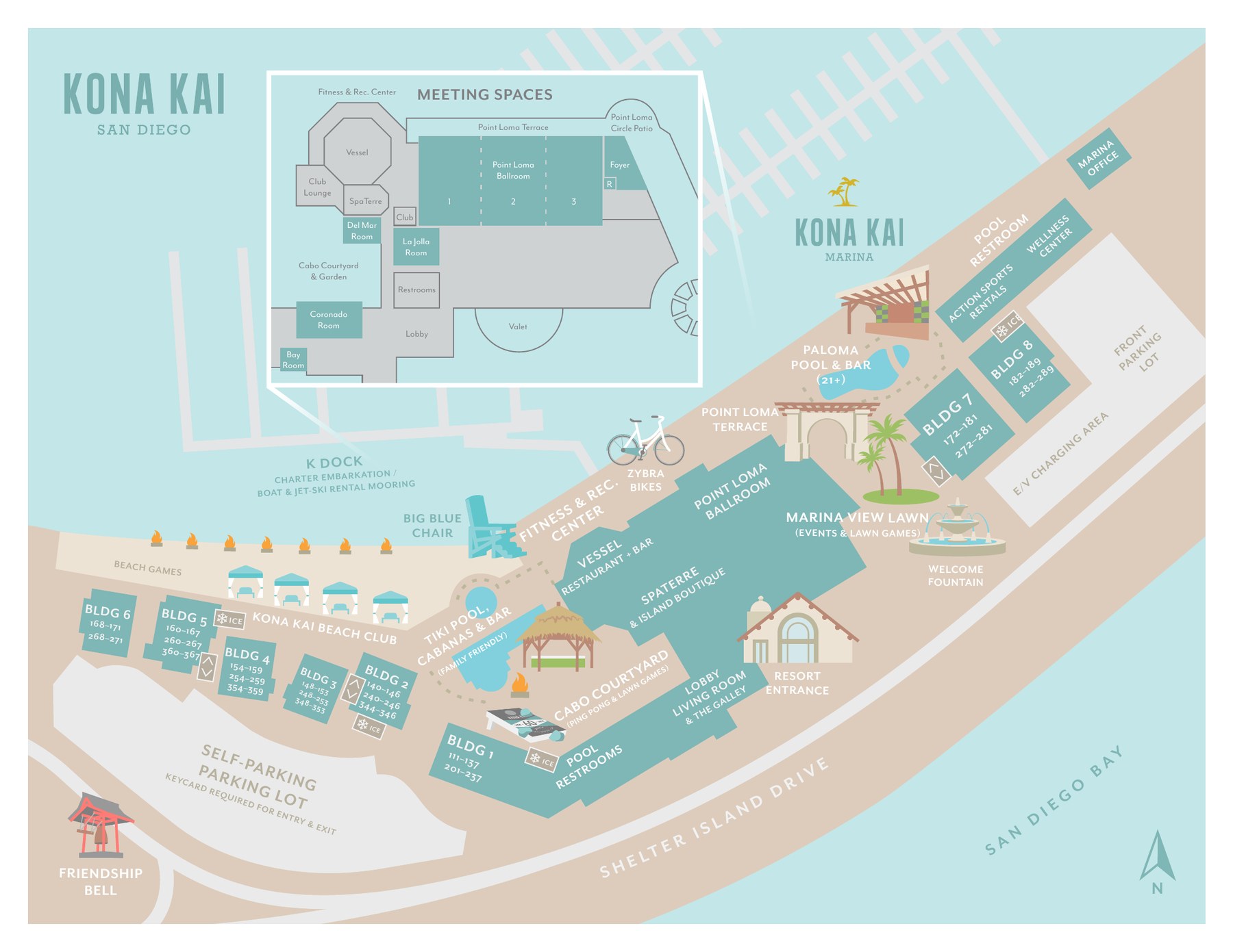 Property map of Kona Kai San Diego Resort with the Point Loma Ballroom, meeting rooms, courtyard and waterfront venues