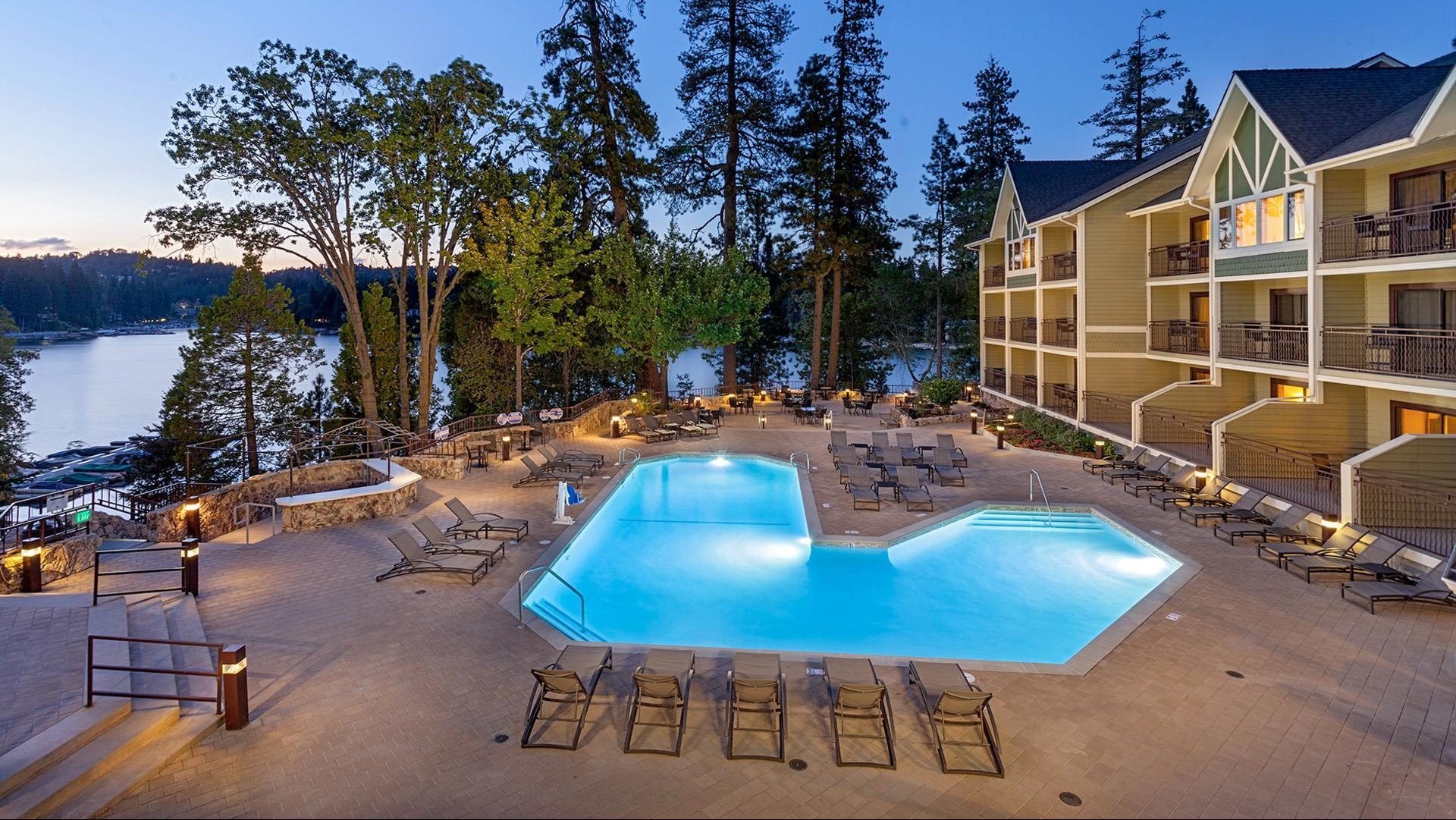 The pool area at Lake Arrowhead Resort and Spa on the shore of Lake Arrowhead