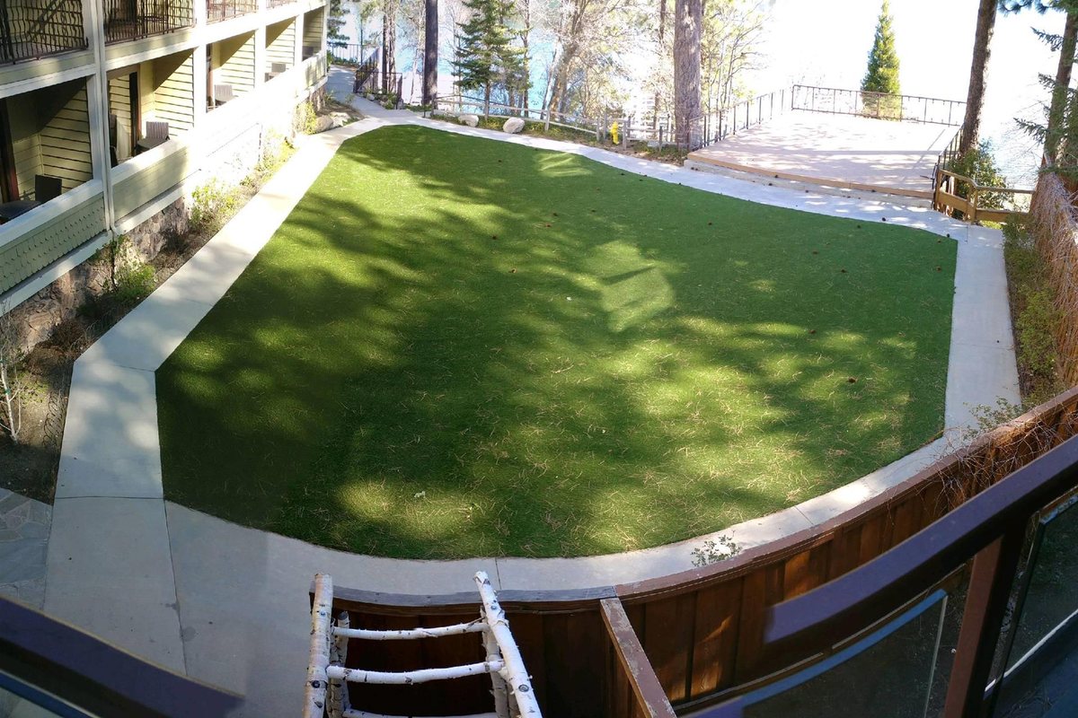 The Lakeside Lawn at Lake Arrowhead Resort and Spa seen from above, framed by trees