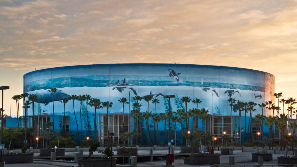 Long Beach Arena whale mural at sunset