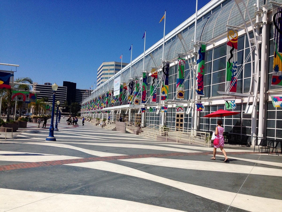 Long Beach Convention Center glass facade on Ocean Boulevard