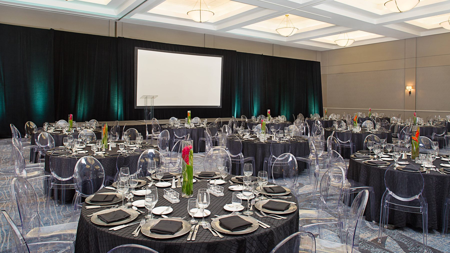 Academy Ballroom banquet setup at Los Angeles Marriott Burbank Airport — leftover interior, not an East Courtyard plate