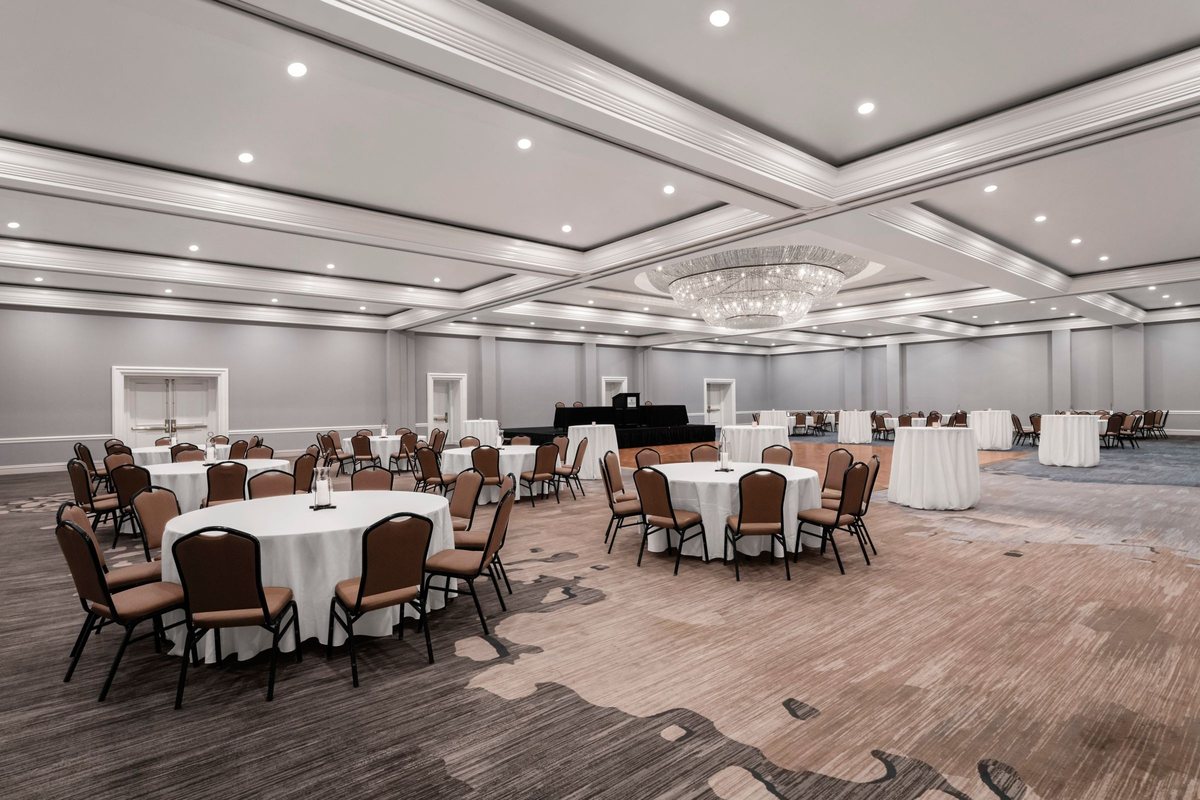 The Bay Laurel Ballroom at Renaissance Newport Beach Hotel set with round tables