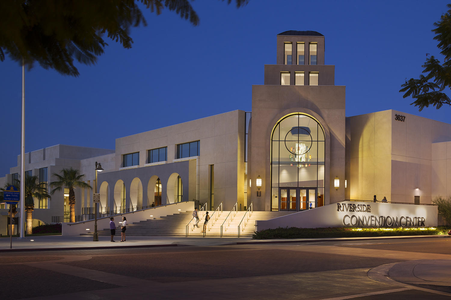 Riverside Convention Center at dusk