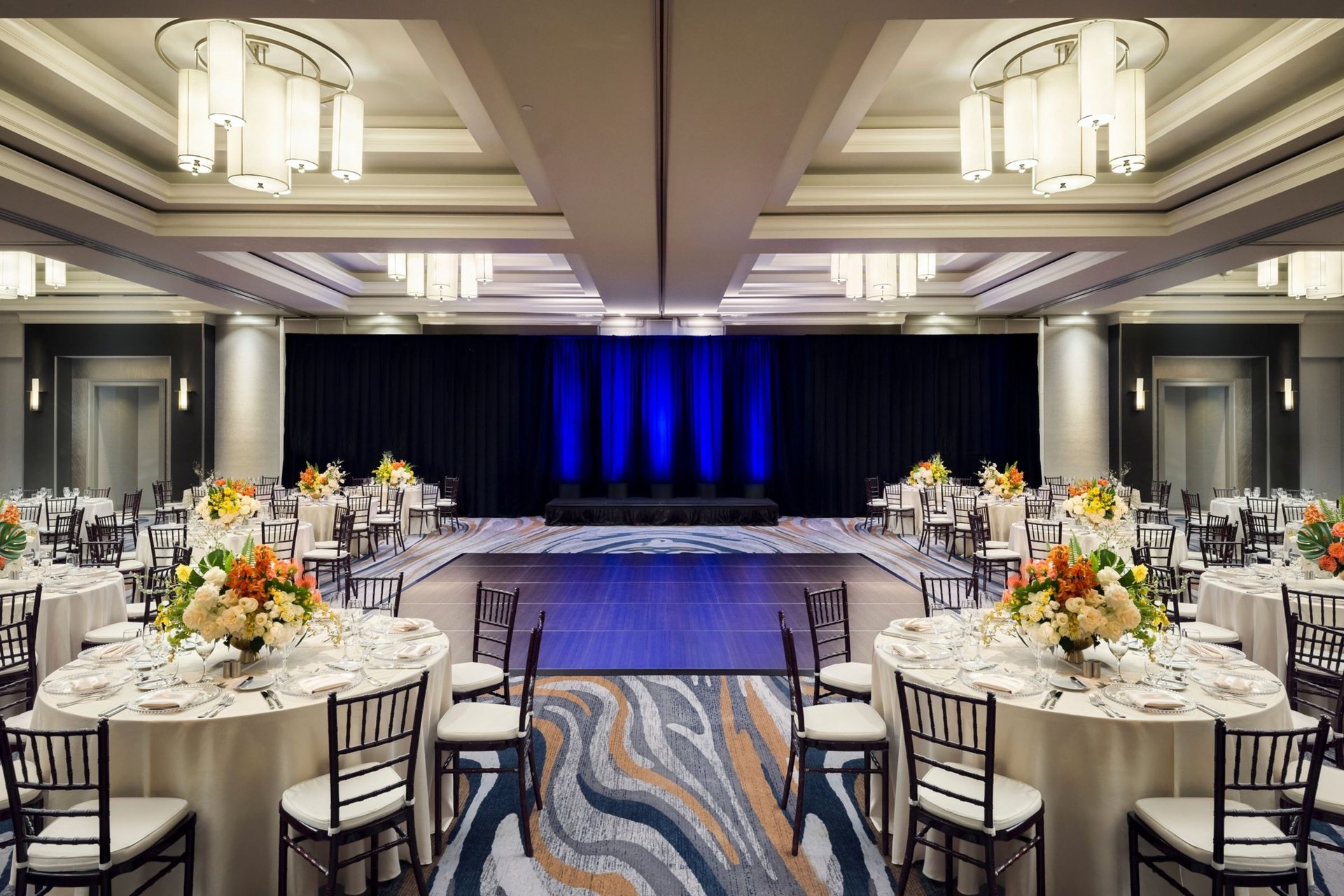 A ballroom at San Diego Marriott Del Mar set with banquet tables