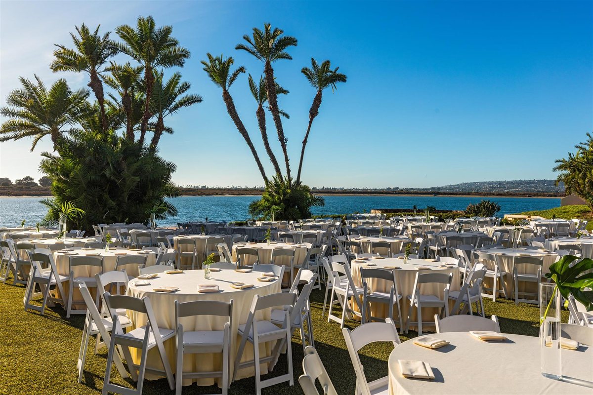 The Garden by the Bay at San Diego Mission Bay Resort with palm trees and Mission Bay beyond
