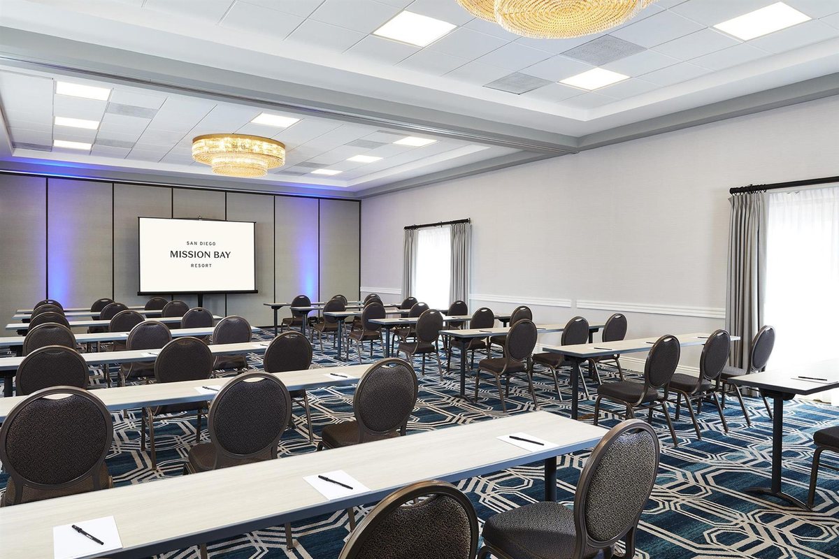 The Mediterranean Ballroom at San Diego Mission Bay Resort set classroom-style facing a screen