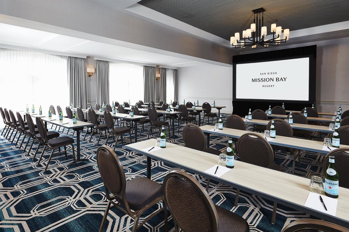 The Terrazza Ballroom at San Diego Mission Bay Resort set with round tables beside tall windows