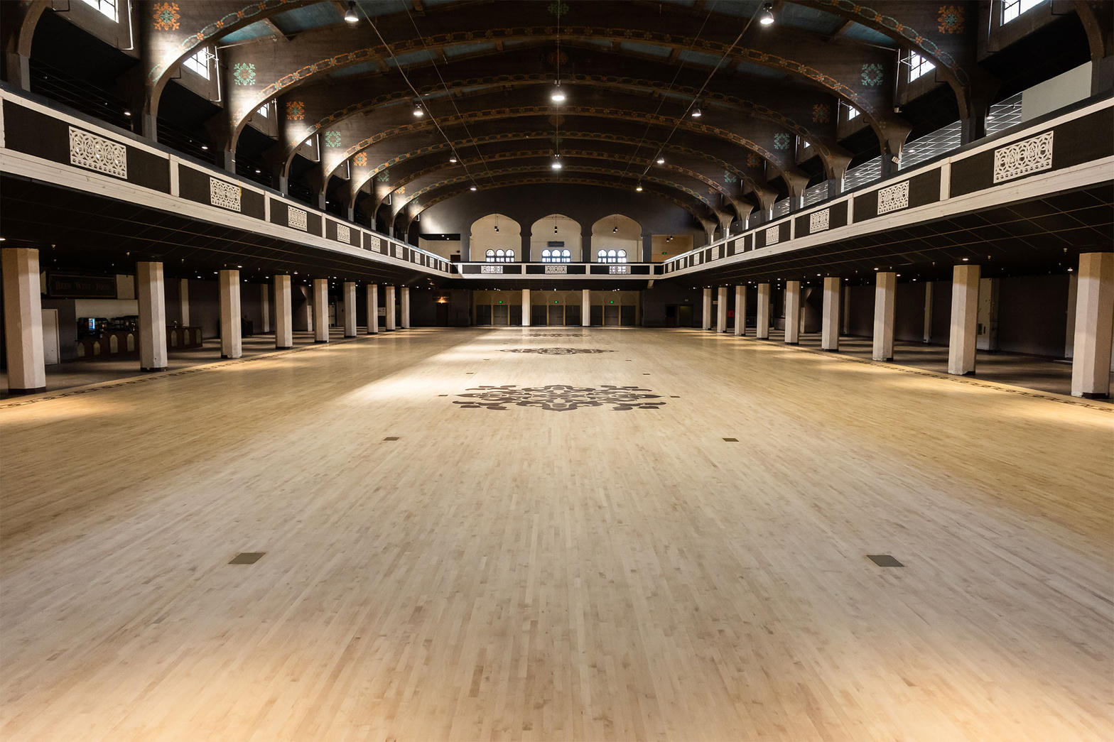 Shrine Expo Hall main floor wood dance floor and mezzanine