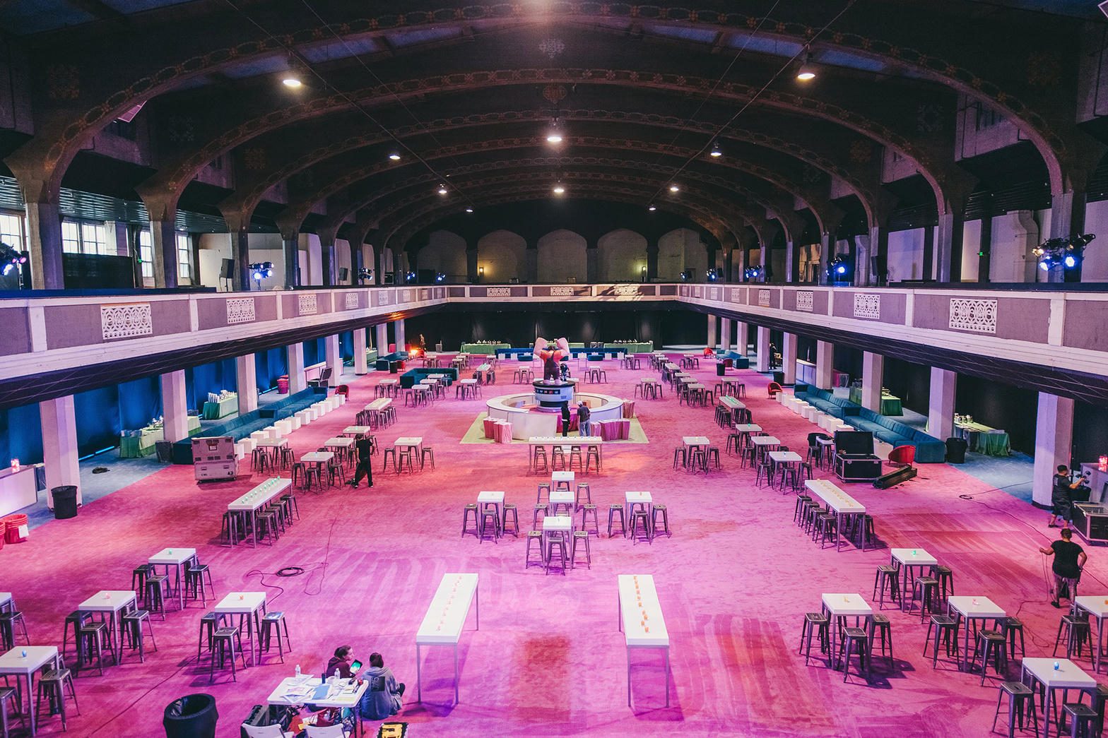 Shrine Expo Hall set for cocktail reception with lounge furniture