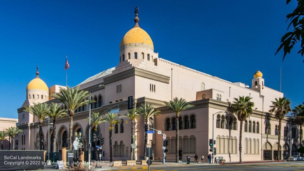 Shrine Auditorium Los Angeles exterior Moorish domes at dusk