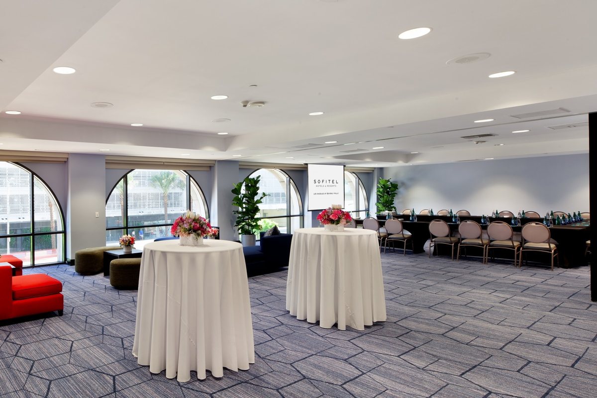 The Sunset Hollywood Room at Sofitel Los Angeles at Beverly Hills set for a reception and U-shape