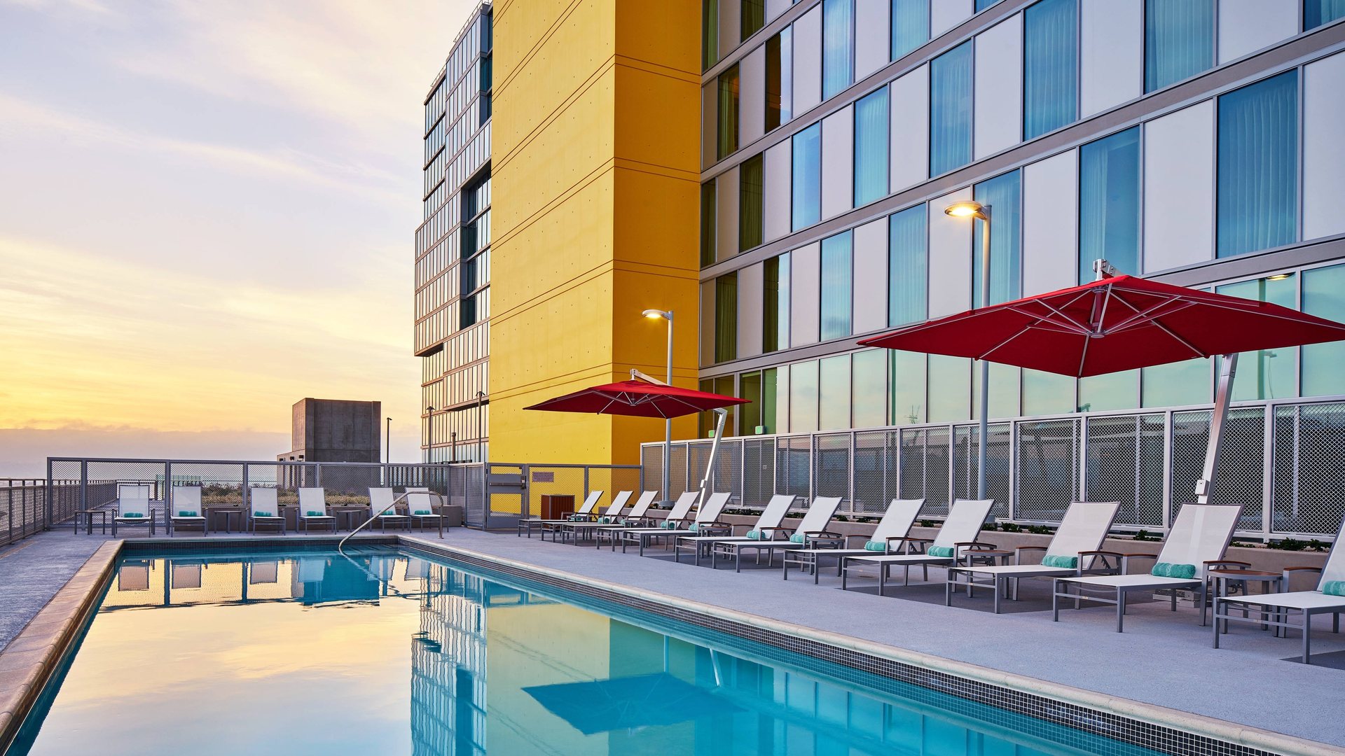 The pool deck at SpringHill Suites San Diego Downtown/Bayfront at sunset