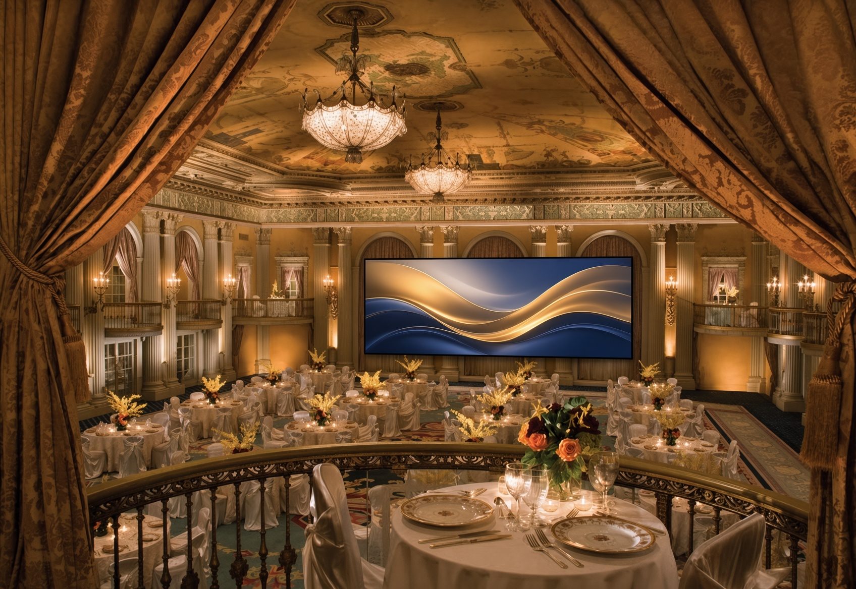 Crystal Ballroom with LED wall under the frescoed ceiling