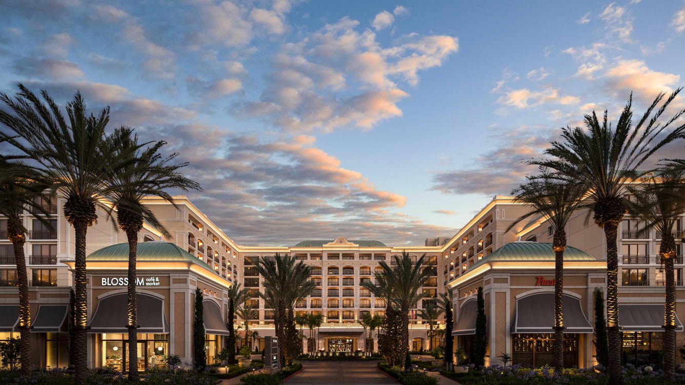 The Westin Anaheim Resort exterior at dusk, Katella Avenue