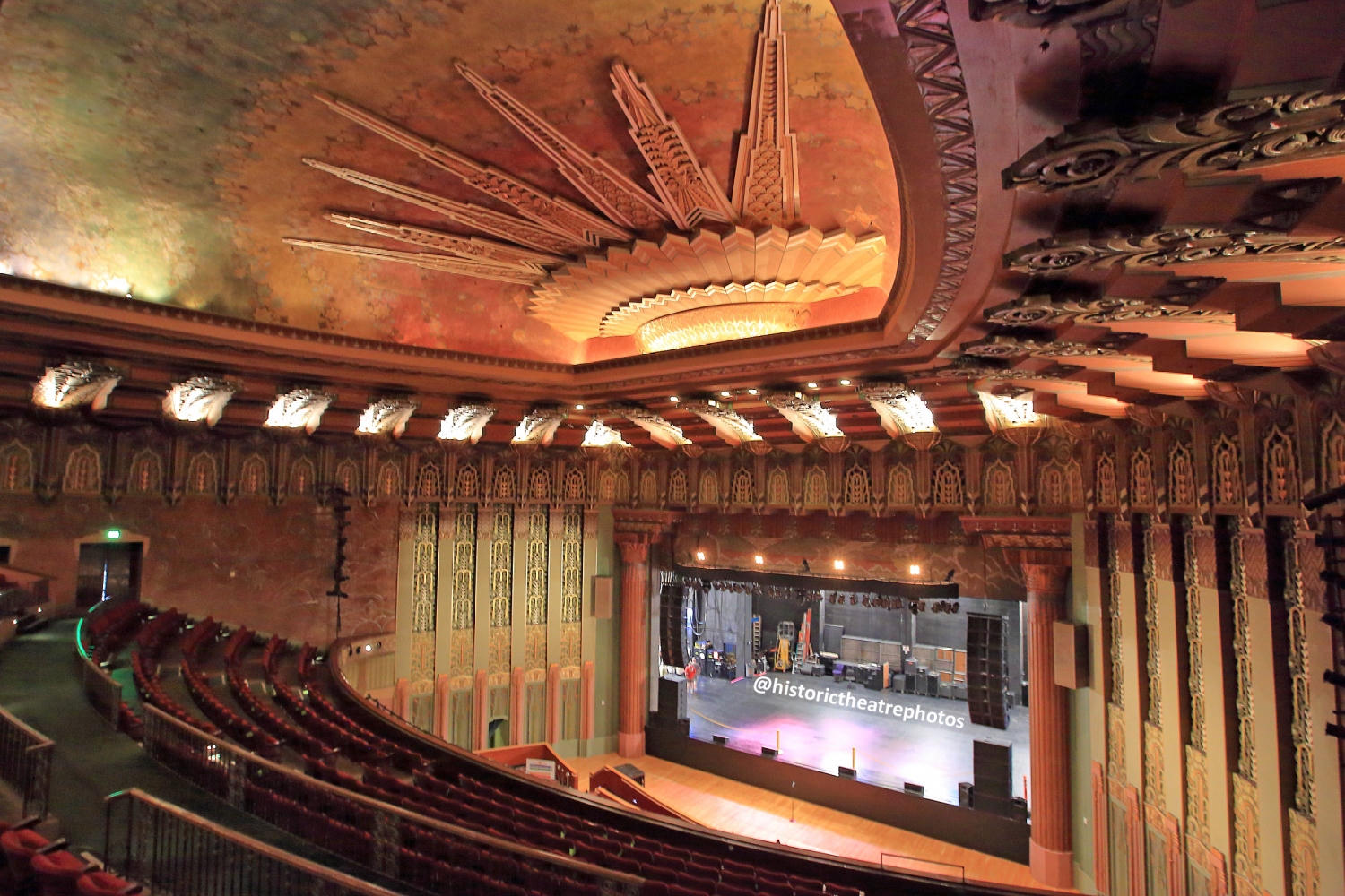 The Wiltern Theatre auditorium looking toward the stage and Art Deco ceiling