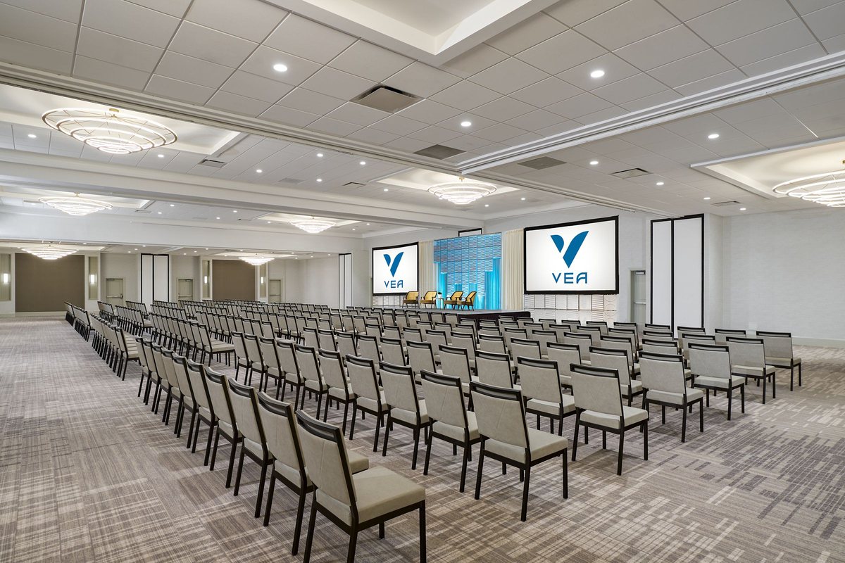 Riviera Ballroom set theater style facing two wall displays